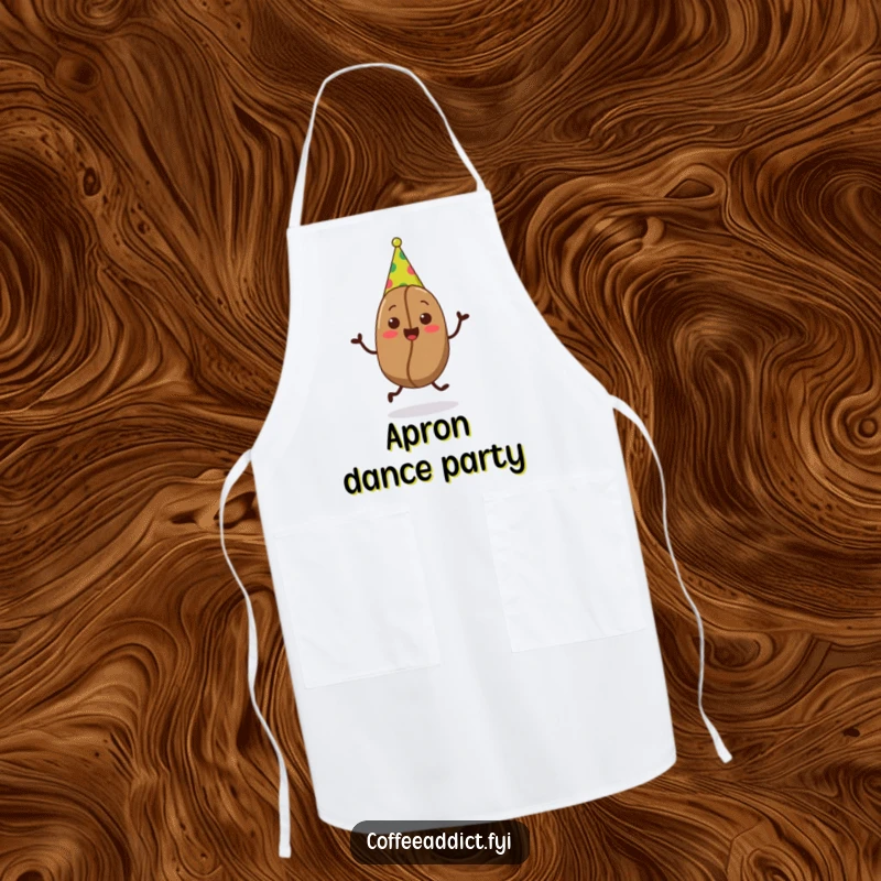 Funny kitchen apron showcasing a coffee bean wearing a party hat and doing a joyful jig, ideal for a fun, festive cooking experience.