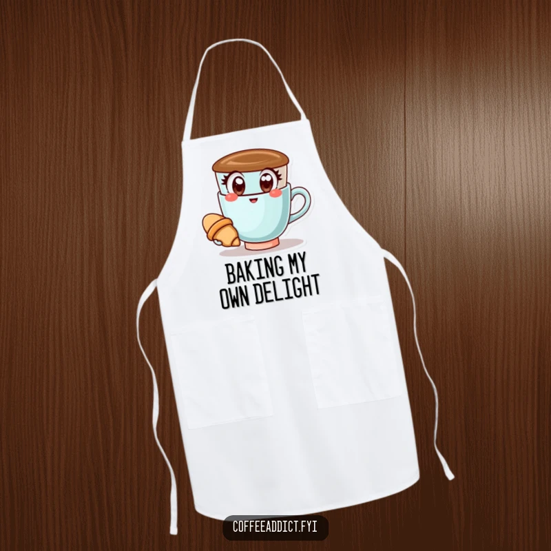 Funny Kawaii Coffee Cup Apron: Happy coffee cup holding a croissant, adding cheerful humor to kitchen activities.