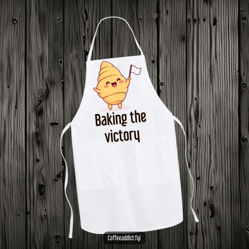 Funny apron with a cheering croissant enthusiastically waving a tiny flag, perfect for the kitchen.