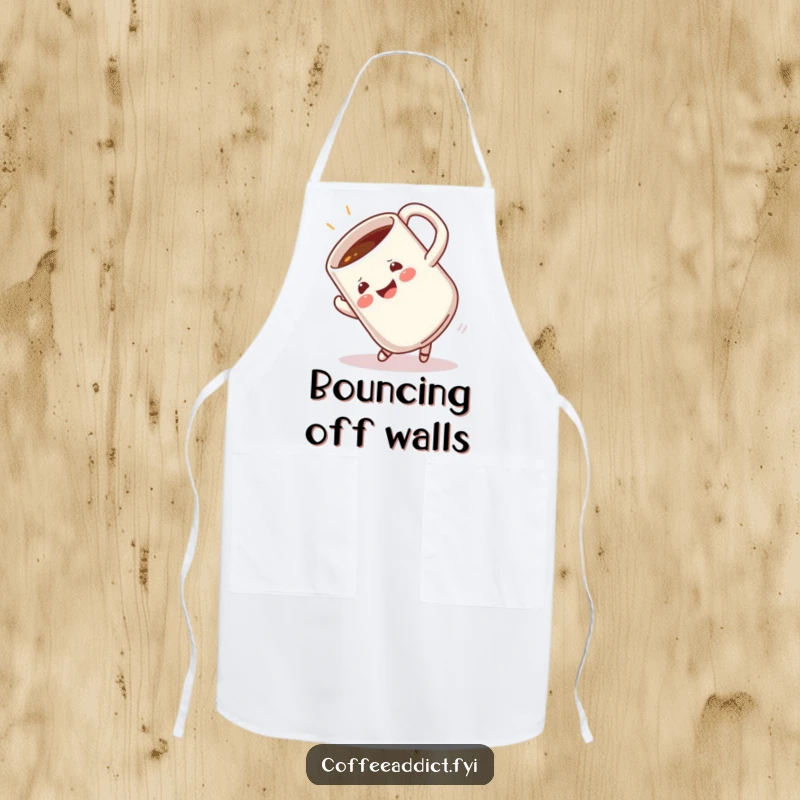 Funny kitchen apron showcasing a coffee mug in a dynamic, happy somersault, ideal for a fun and energetic cooking experience.