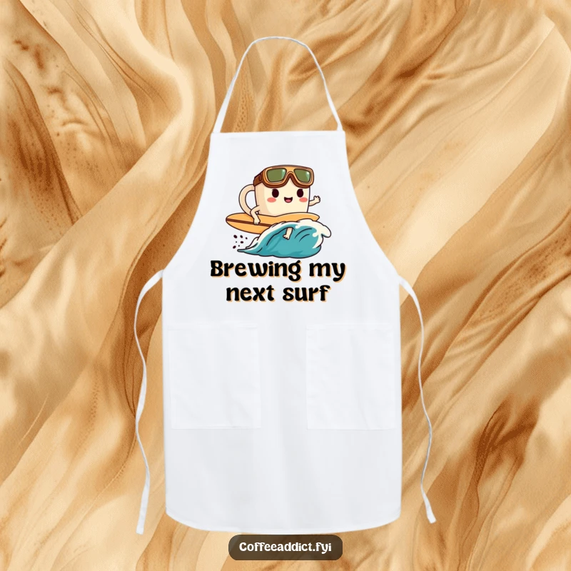 Funny apron showing a goggled character riding a coffee wave, ideal for keeping stains away during messy kitchen adventures.