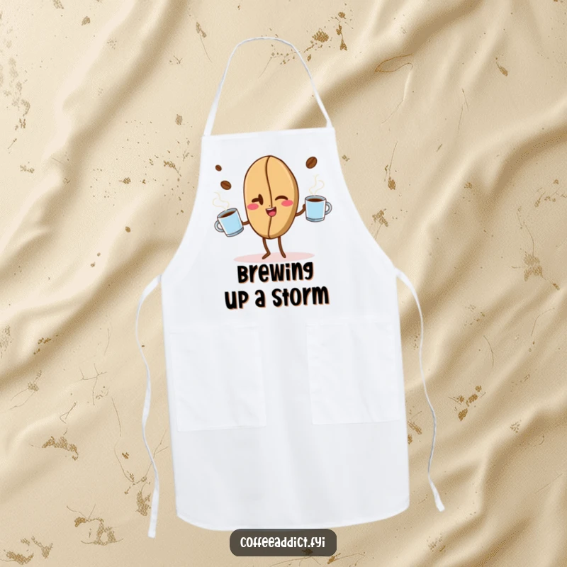 Funny kitchen apron showcasing a winking coffee bean masterfully juggling steaming coffee mugs, ideal for a humorous cooking experience.