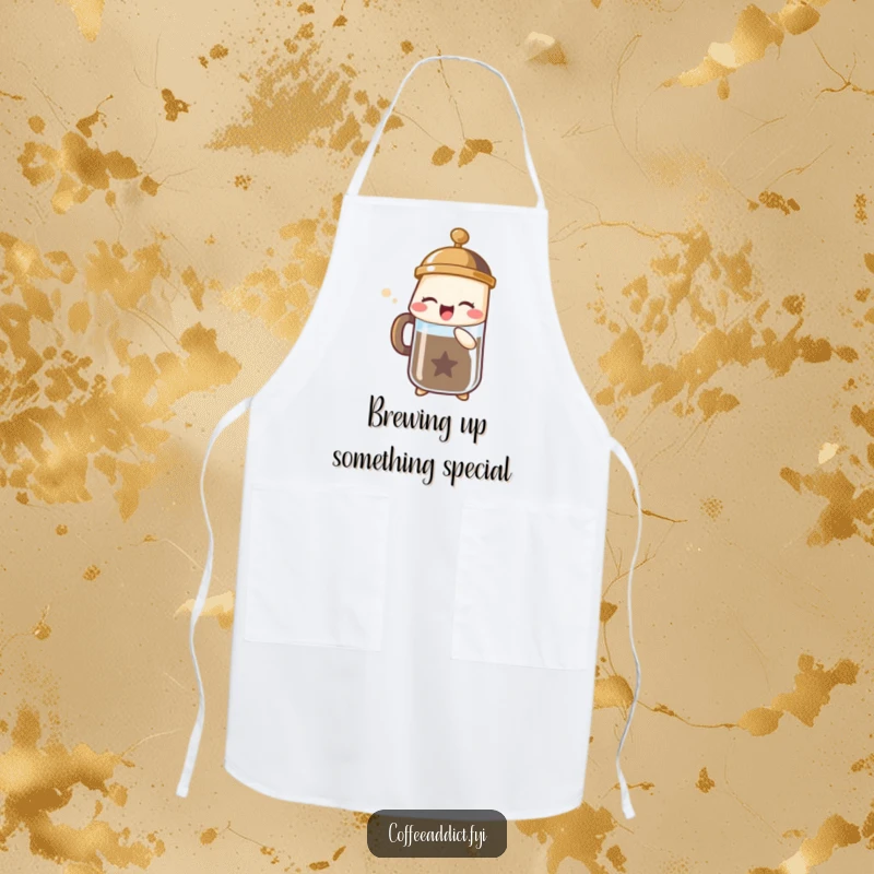 Funny apron featuring a French press character sighing joyfully with bubbles, keeping chefs clean and cheerful.