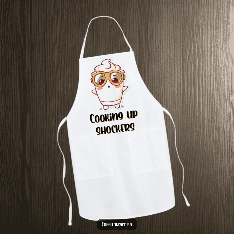 Funny apron featuring a kawaii coffee cup character in oversized goggles, looking comically surprised, perfect for a fun cooking experience.