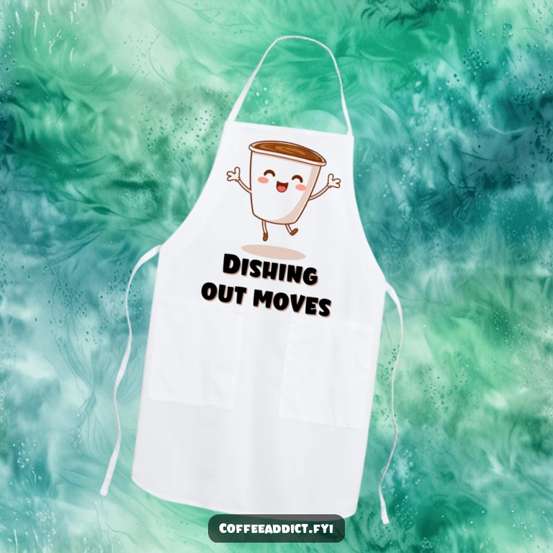 Funny apron featuring a coffee cup character with tiny legs doing a lively dance, ideal for adding humor to kitchen activities.