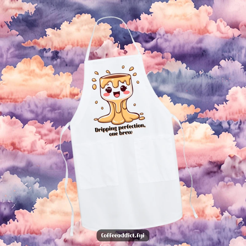 Funny Kawaii Coffee Drip Apron featuring a cute character making a bubbly cascade, ideal for kitchen fun and a humorous gift.