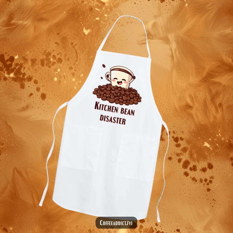 Funny Apron: Coffee cup character dramatically faceplanting into a pile of coffee beans, bringing comical humor to kitchen tasks.
