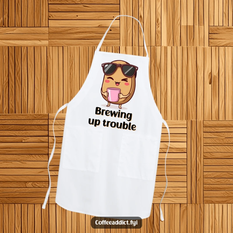 Funny apron with a coffee bean in sunglasses winking while holding a tiny mug, perfect for a cool kitchen vibe.