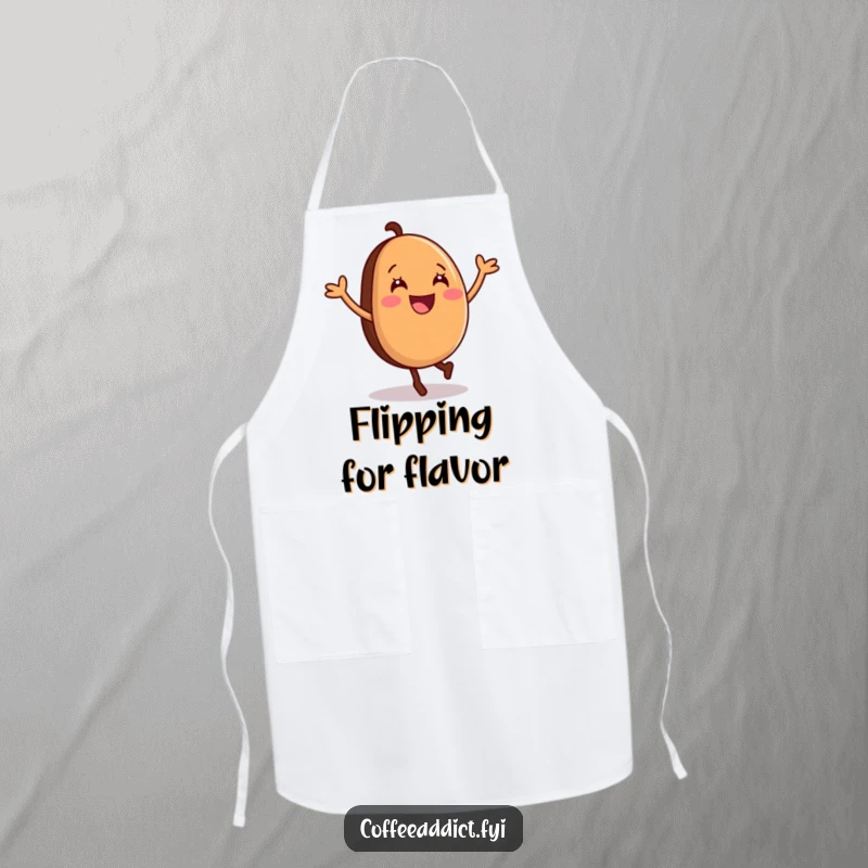 Funny Apron showcasing a coffee bean mid-cartwheel, perfect for adding a playful and energetic vibe to cooking.