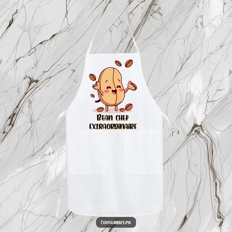 Funny apron featuring a coffee bean chef juggling smaller beans, perfect for adding humor and protection during cooking and baking.