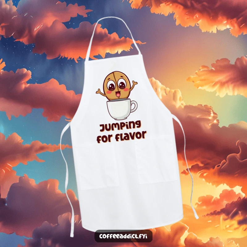 Funny Apron showcasing a coffee bean leaping over a steaming mug, perfect for adding an energetic and fun vibe to cooking.