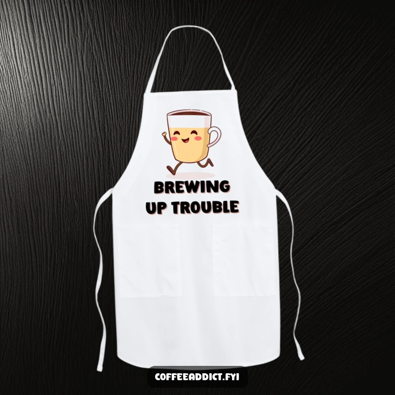 Funny apron with a smiling coffee cup with tiny legs joyfully sprinting towards a steaming pot, ideal for the kitchen.