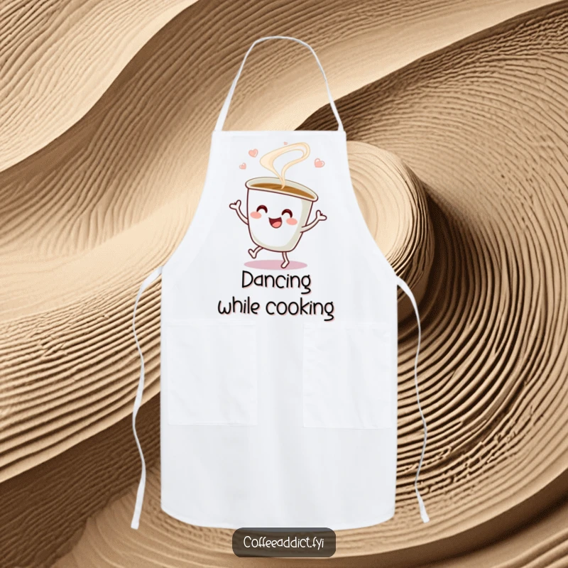 Funny Apron showcasing a steaming coffee cup doing a happy jig, perfect for adding a cheerful and vibrant vibe to cooking.