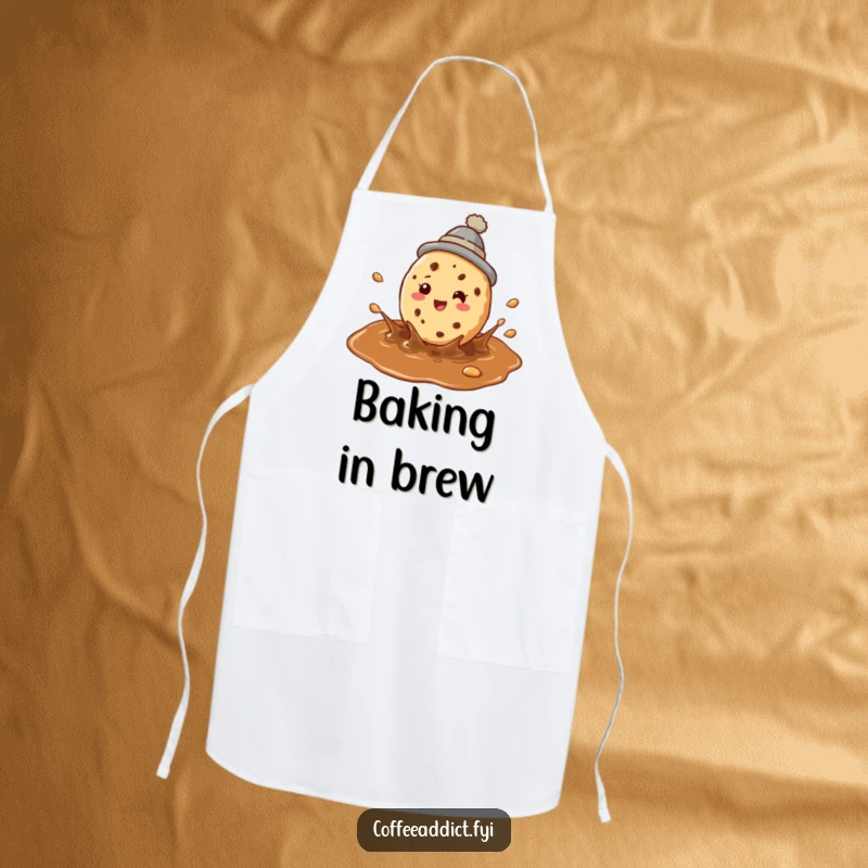 Funny cookie coffee apron with a perky cookie in a hat splashing joyfully in a coffee puddle.