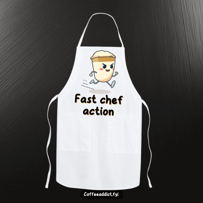 Funny determined espresso shot with tiny legs running at top speed, on a functional kitchen apron.