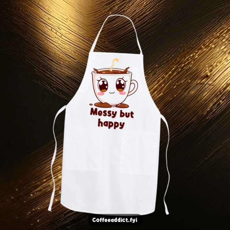 Funny kitchen apron featuring a coffee cup character with wide, ecstatic eyes, comically spilling coffee, for a joyful cooking experience.