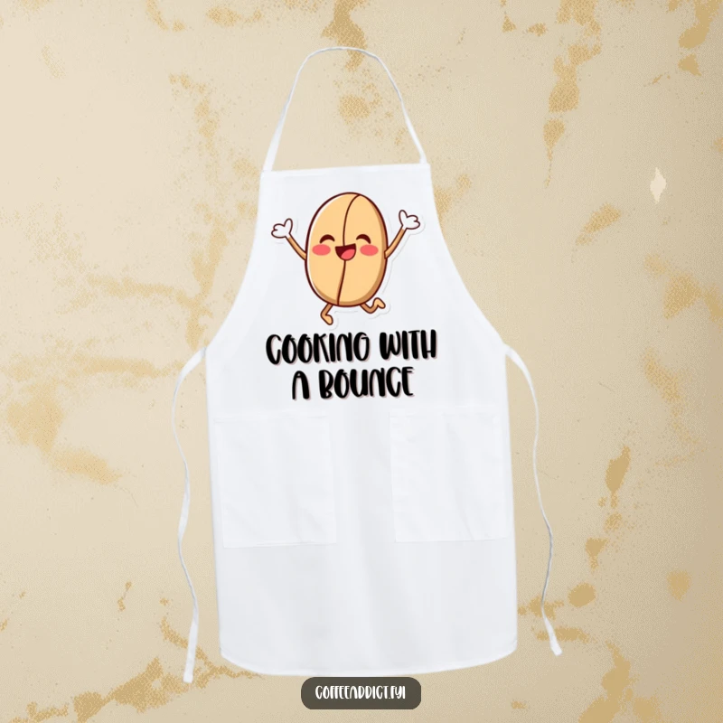 Funny Kawaii Coffee Bean Apron: Cute coffee bean character in a jubilant leap, designed for humorous and energetic kitchen wear.