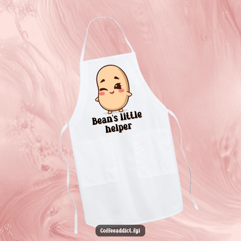 Funny Kawaii Coffee Bean Apron showing a cute character winking with a mischievous grin, perfect for cooking with humor and playful flair.