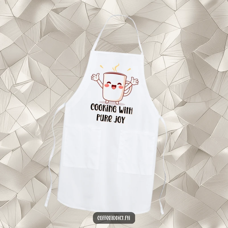 Funny Kawaii Coffee Mug Apron with a character spreading its arms wide, symbolizing overflowing joy and a love for cooking.