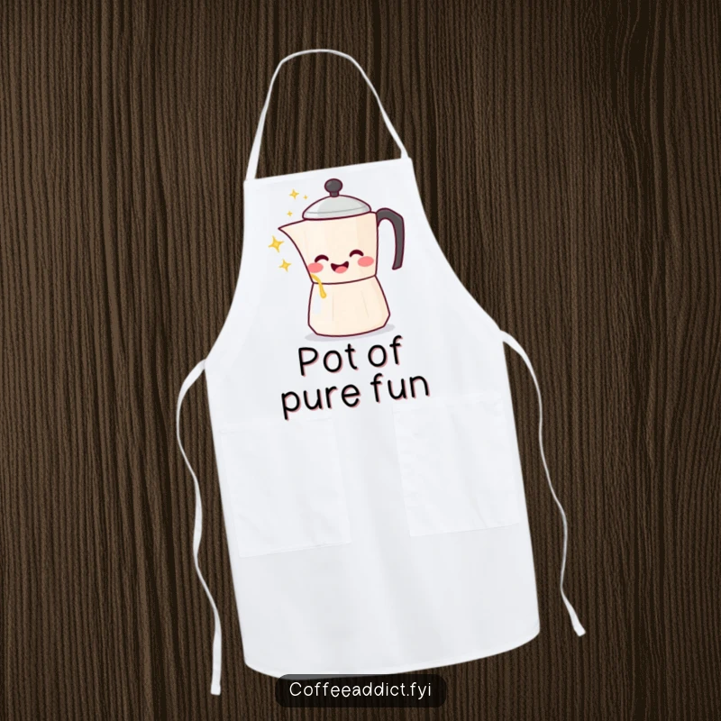 Funny Kawaii Coffee Pot Apron showing a character gleefully pouring sparkling liquid, ideal for humorous kitchen activities.