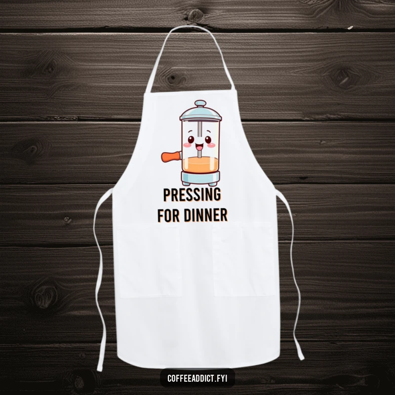 Funny Kawaii French press apron with a smiling character pressing down with gusto, perfect for coffee brewing.