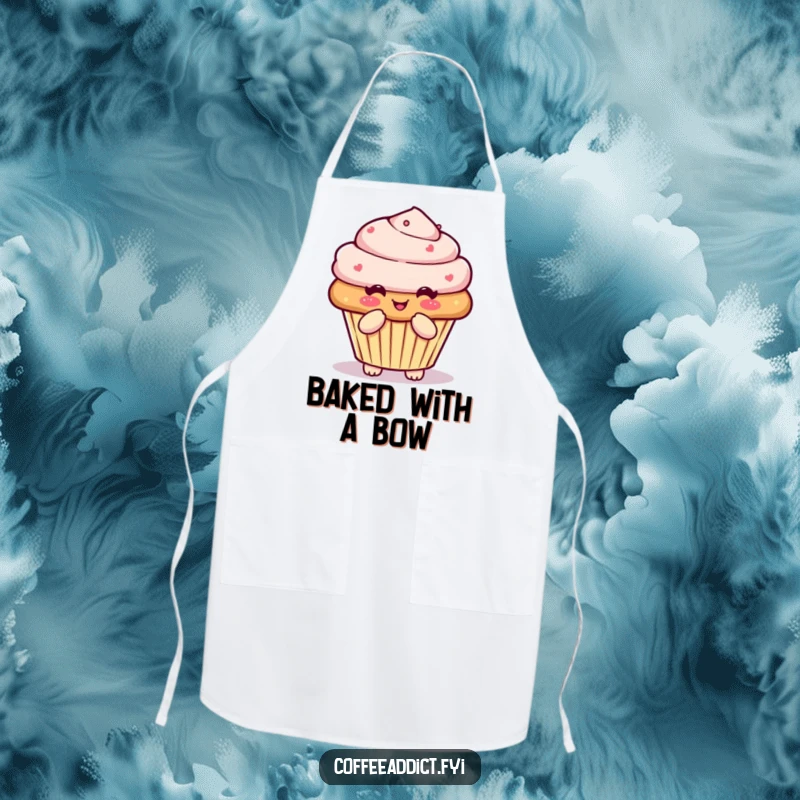 Funny Kawaii muffin apron with a character doing a pleased little bow, perfect for baking and kitchen activities.