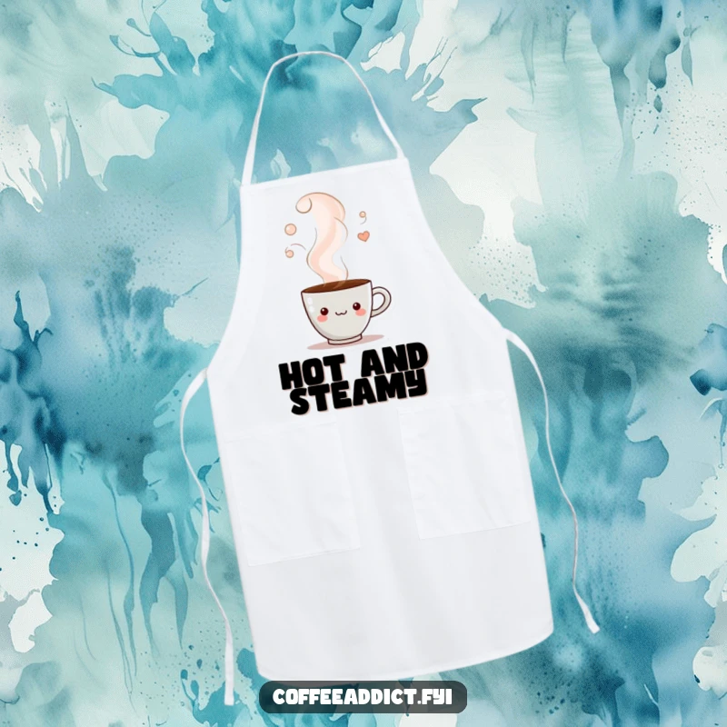 Funny apron featuring a coffee cup character peeking from a swirl of steam, perfect for adding a touch of playful mystery to cooking.
