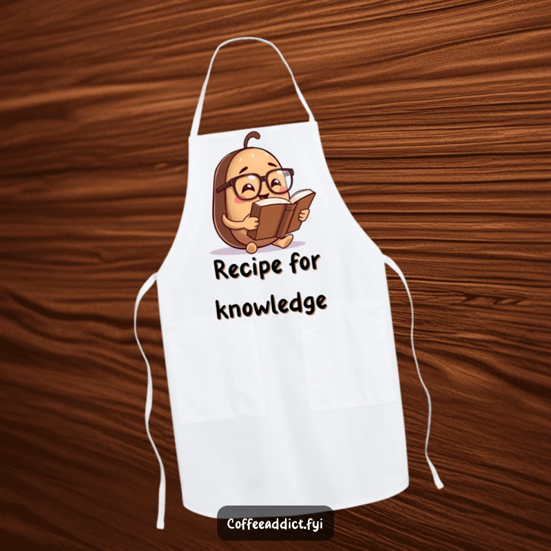 Funny Apron: Coffee bean character wearing spectacles, reading an oversized book, bringing intellectual humor to cooking tasks.