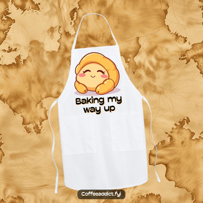 Funny apron showcasing a sleepy croissant character with a gentle smile, perfect for kitchen duties with a touch of morning humor.
