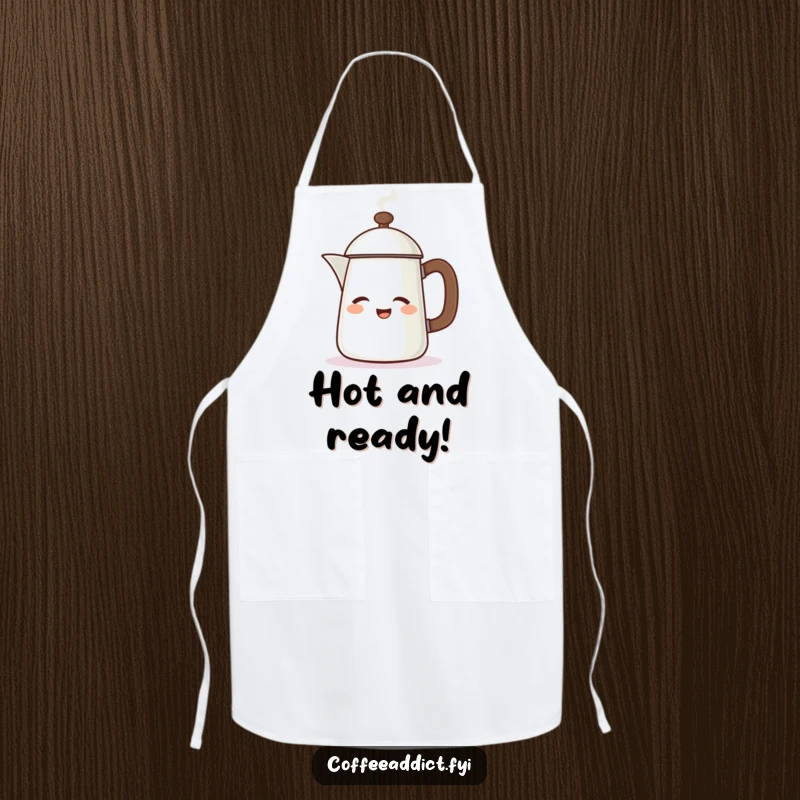 Funny apron illustration of a steaming coffee pot character winking energetically, ready to serve up smiles.