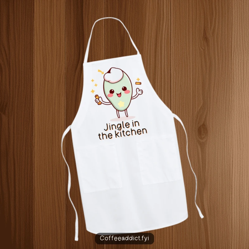 Funny Kawaii Coffee Spoon Apron featuring a character giving a delighted flourish with a tiny jingle, great for cooking.