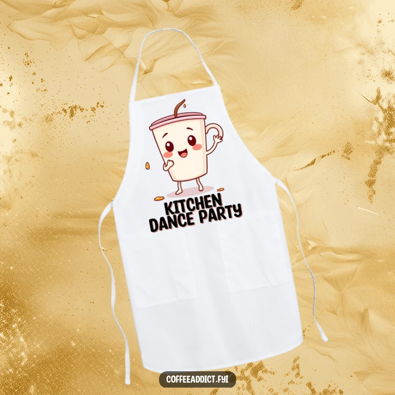 Funny apron design of a coffee cup character in a silly dance, spilling drops, perfect for a fun and energetic cooking session.