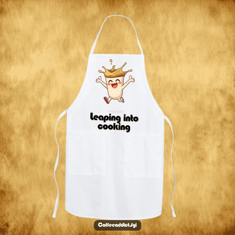 Funny apron featuring a coffee splash character leaping with enthusiasm, perfect for kitchen tasks and coffee enthusiasts.