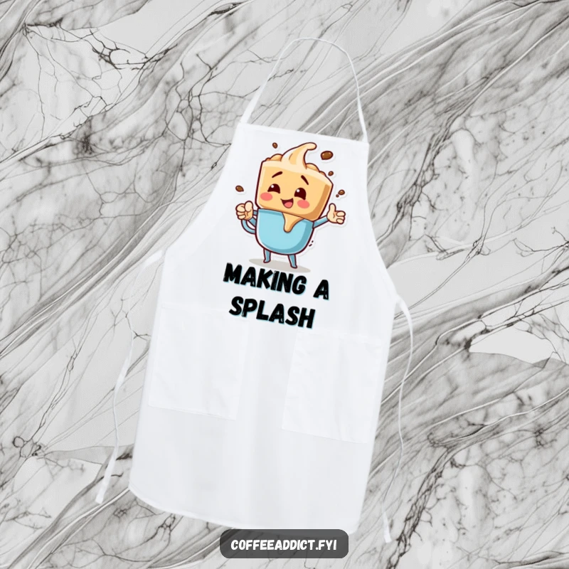 Funny apron featuring a coffee drip character in an exciting, bubbly pose, perfect for adding a splash of humor to cooking.