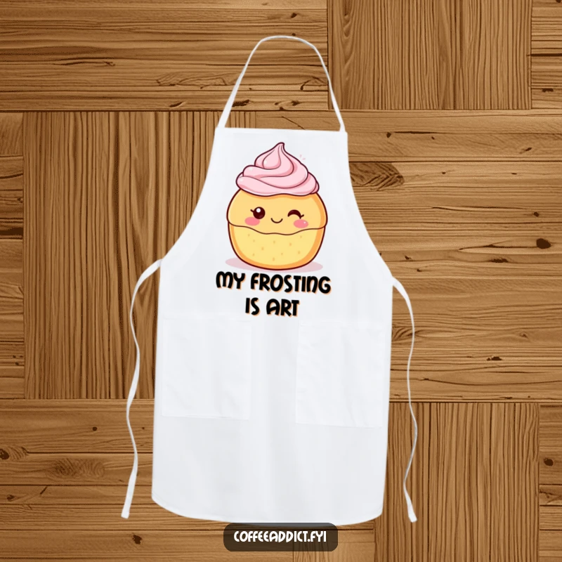 Funny Kawaii Pastry Apron showing a cute dessert character with a delighted swirl of frosting, perfect for baking with charm and humor.