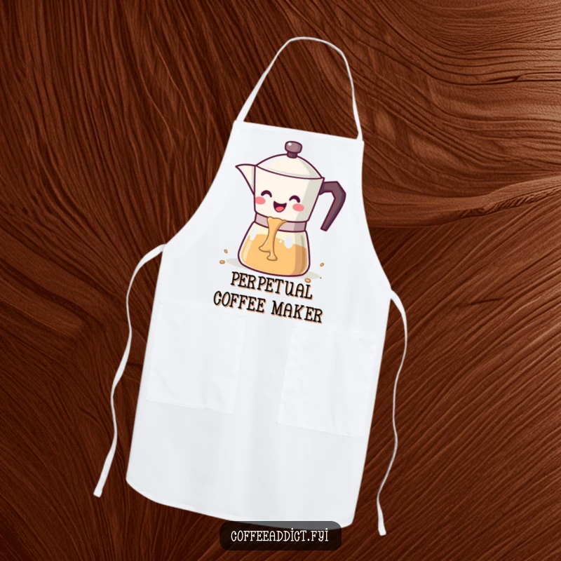 Funny kawaii coffee pot with a wide smile pouring a cascade of coffee, on a functional kitchen apron.