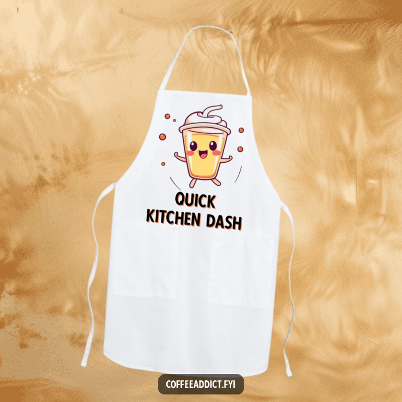 Funny Kawaii Espresso Shot Apron depicting a character zipping around with high energy, perfect for adding fun to cooking.