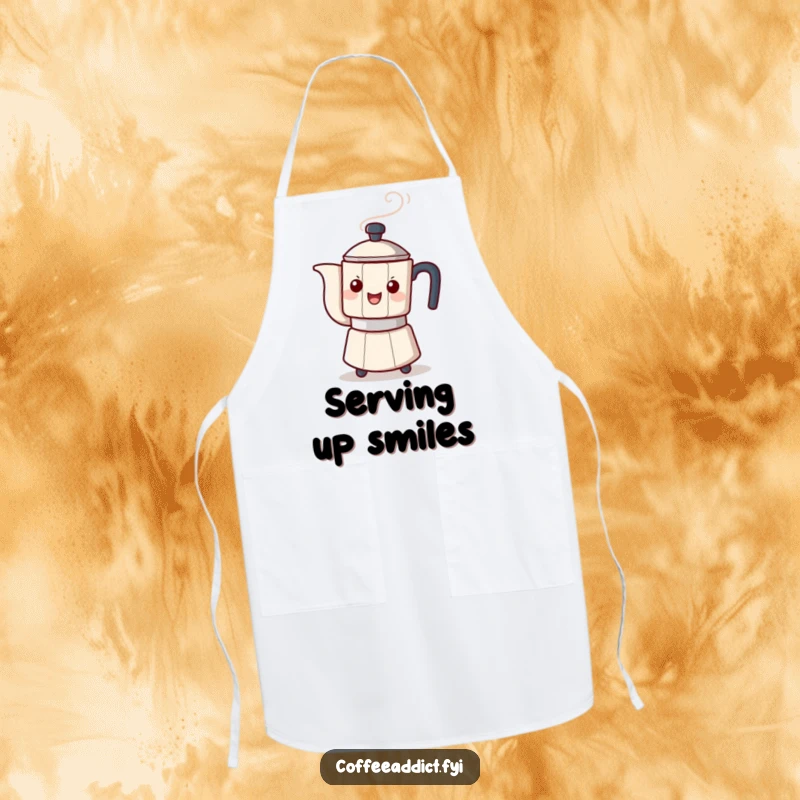 Funny kitchen apron showcasing a steaming coffee pot character playfully tipping, ideal for a fun and cheerful cooking experience.