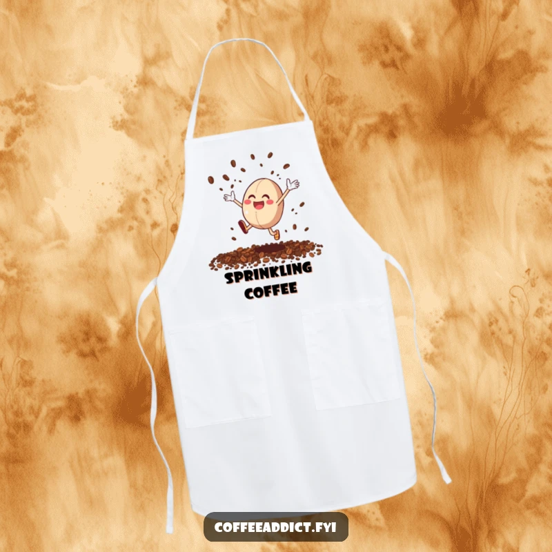 Funny Coffee Bean Joy Apron: A kitchen apron featuring a coffee bean character leaping joyfully, scattering grounds.