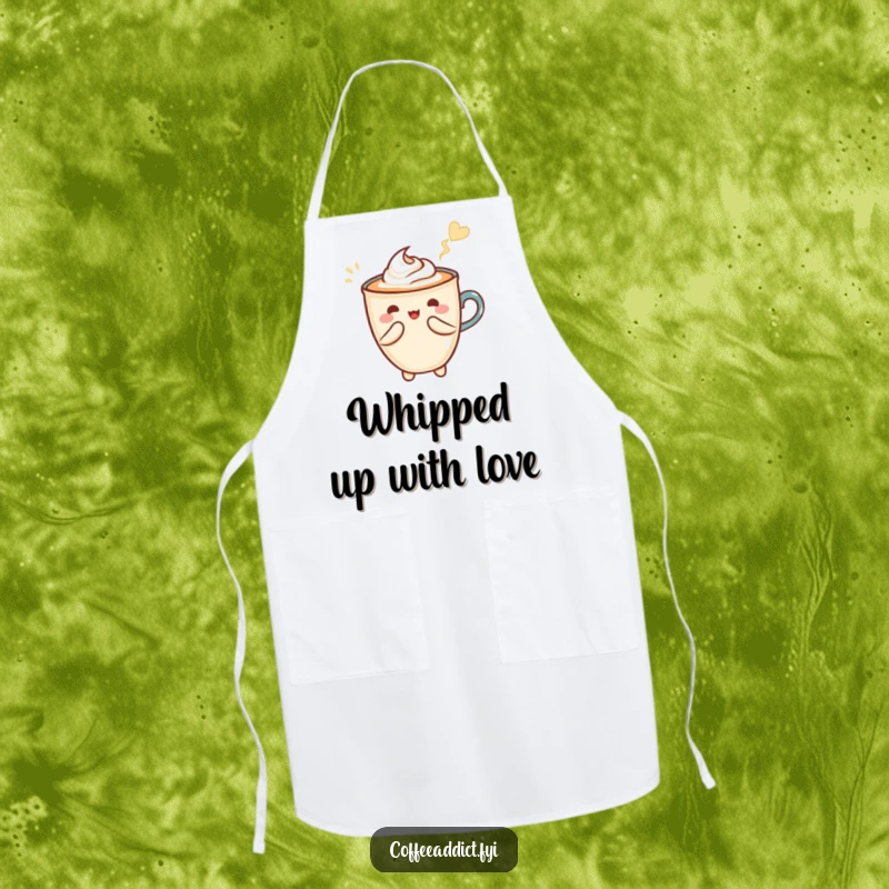 Funny kitchen apron featuring Kawaii latte art creating a heart shape with a flourish, perfect for coffee preparation.