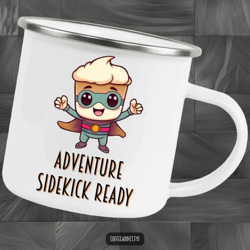 Funny heroic espresso shot camping mug, striking a tiny pose. Durable and humorous for outdoor adventures, a fantastic funny gift.