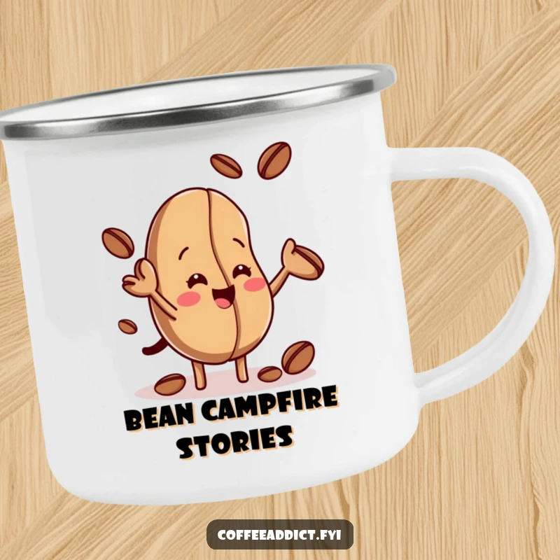 Funny camping mug showing a playful coffee bean juggling smaller beans, designed for outdoor adventures and a good laugh around the campfire.