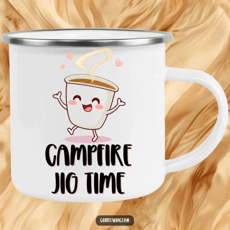 Funny Camping Mug depicting a steaming coffee cup doing a happy jig, designed for outdoor fun and coffee lovers.