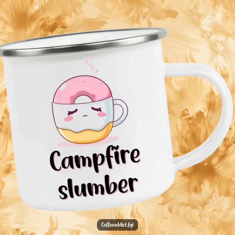 Funny donut camping mug featuring a sleepy donut nudged by a steaming coffee mug, ideal for humorous outdoor drinks.