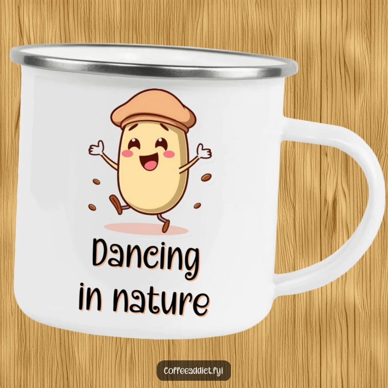 Funny coffee bean character in a beret, dancing with flair, looking stylish and ready for adventure on a rugged camping mug.