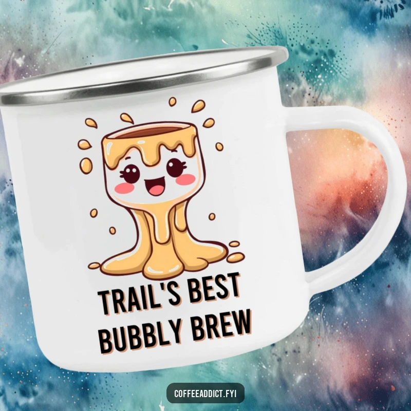 Funny Kawaii Coffee Drip Camping Mug featuring a cute character and bubbly cascade, perfect for outdoor adventures and a humorous gift.