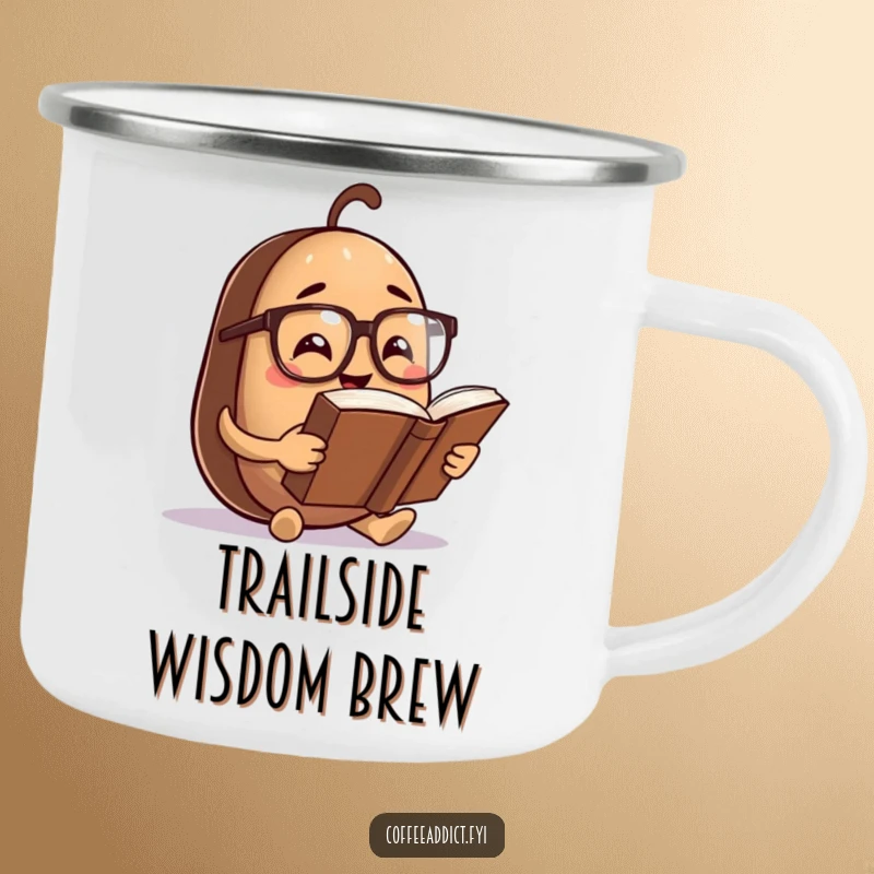 Funny Camping Mug: Coffee bean character in spectacles reading a massive book, bringing intellectual humor to outdoor adventures.