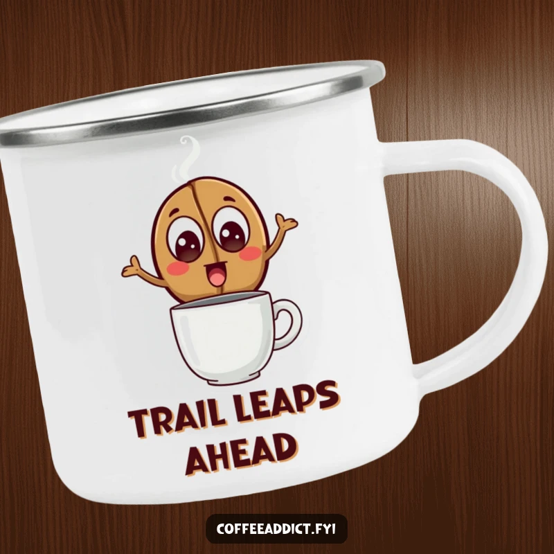 Funny Camping Mug depicting a coffee bean with excited eyes leaping over a steaming mug, designed for outdoor fun and coffee lovers.