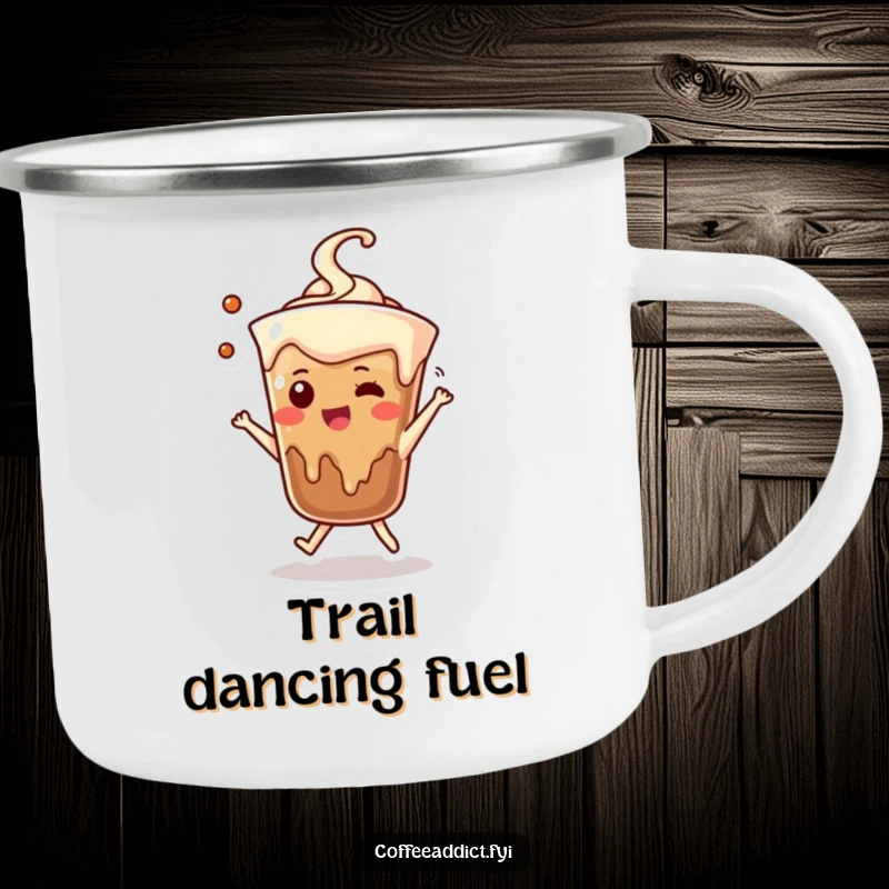 Funny camping mug featuring a dancing coffee drip character, adding fun to outdoor coffee breaks.