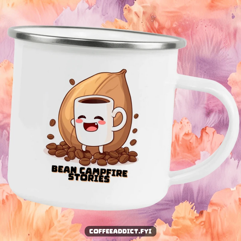 Funny camping mug showing a coffee mug character comically battling an oversized coffee bean, ideal for outdoor humor.